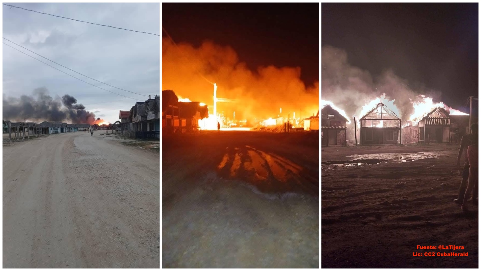Incendios en un pueblo durante el día y la noche.