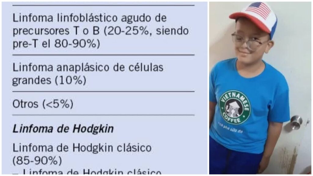 Listado de linfomas y niño con camiseta azul.