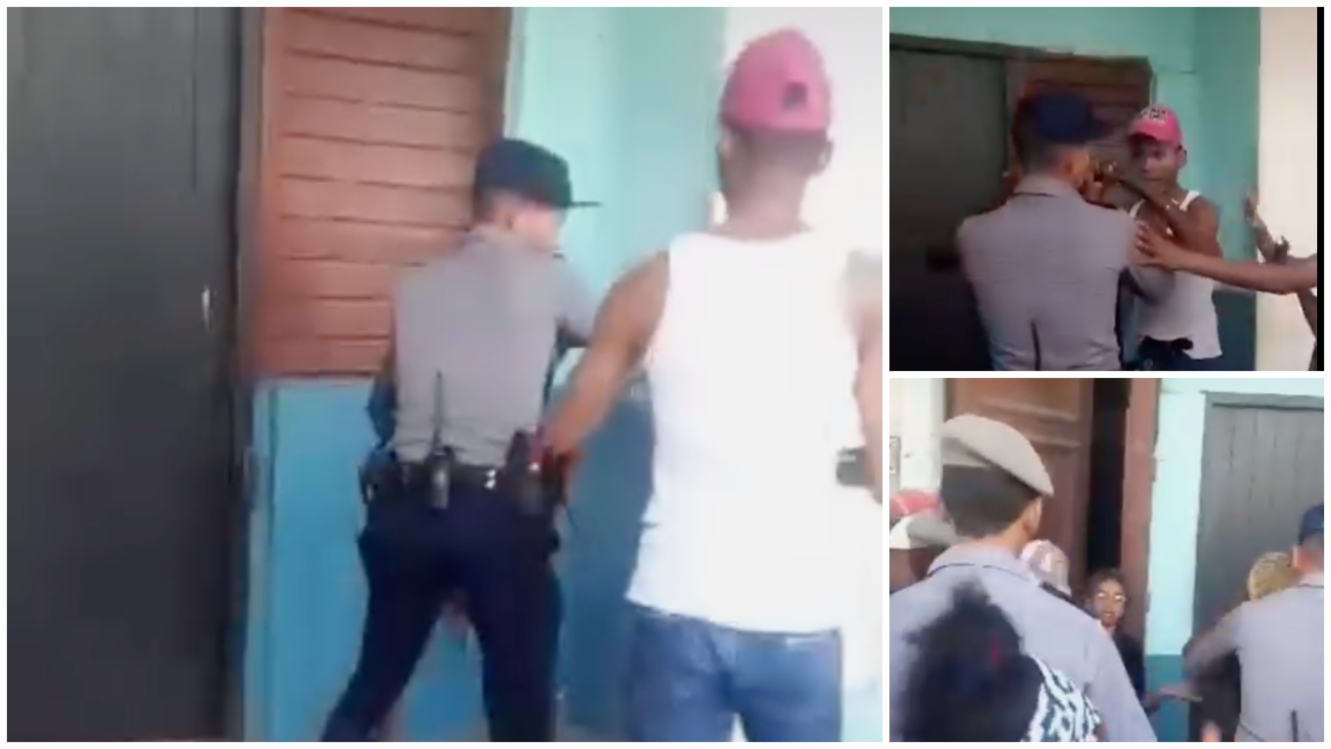 Policía interactuando con civiles en la calle.