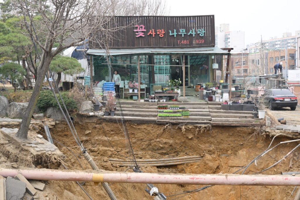 Tienda de flores y gran agujero enfrente