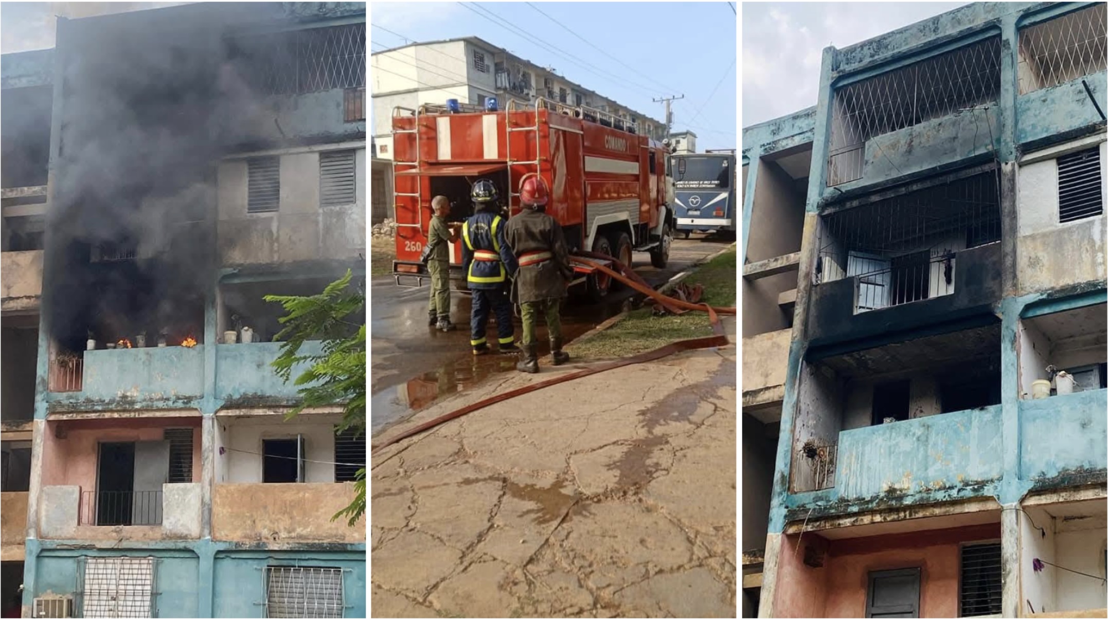 Incendio en edificio, bomberos trabajando, fachada dañada.