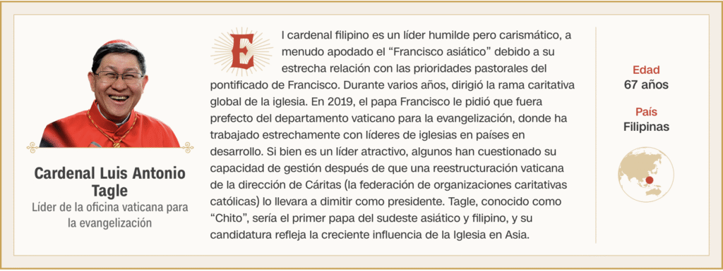 Cardenal filipino líder en evangelización y caridad.
