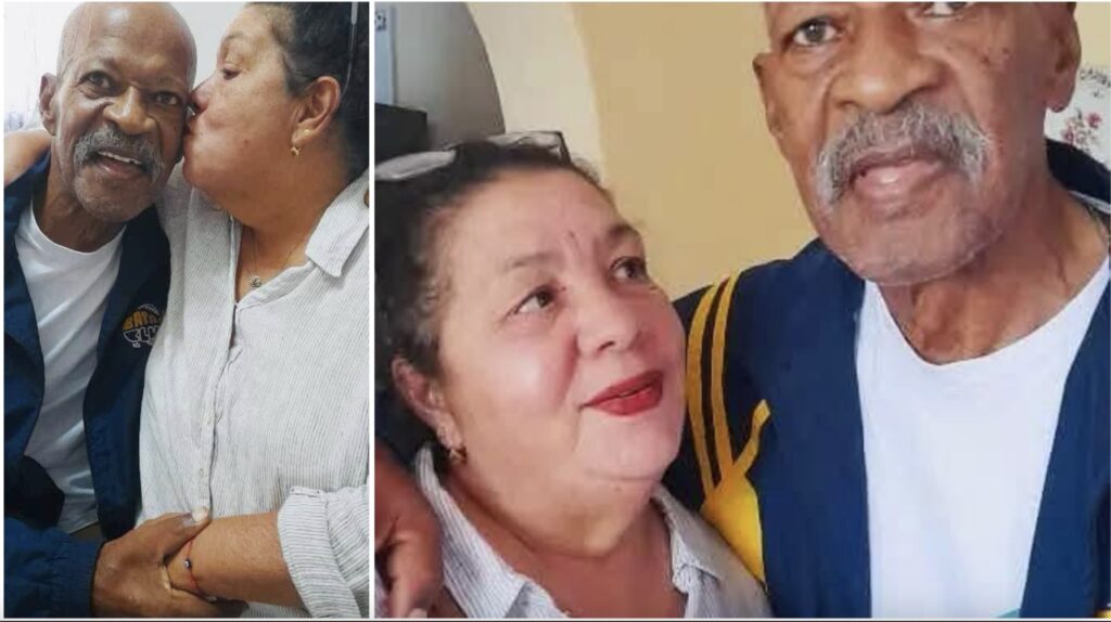 Pareja mayor abrazándose y sonriendo cariñosamente.