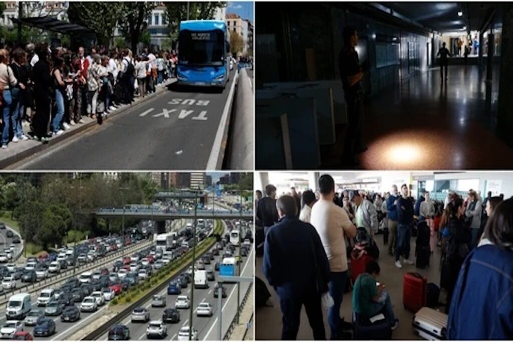 Cola extensa, apagón, atasco, gente en aeropuerto.