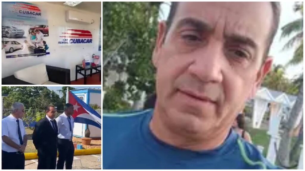 Oficina y personas en evento con bandera cubana.