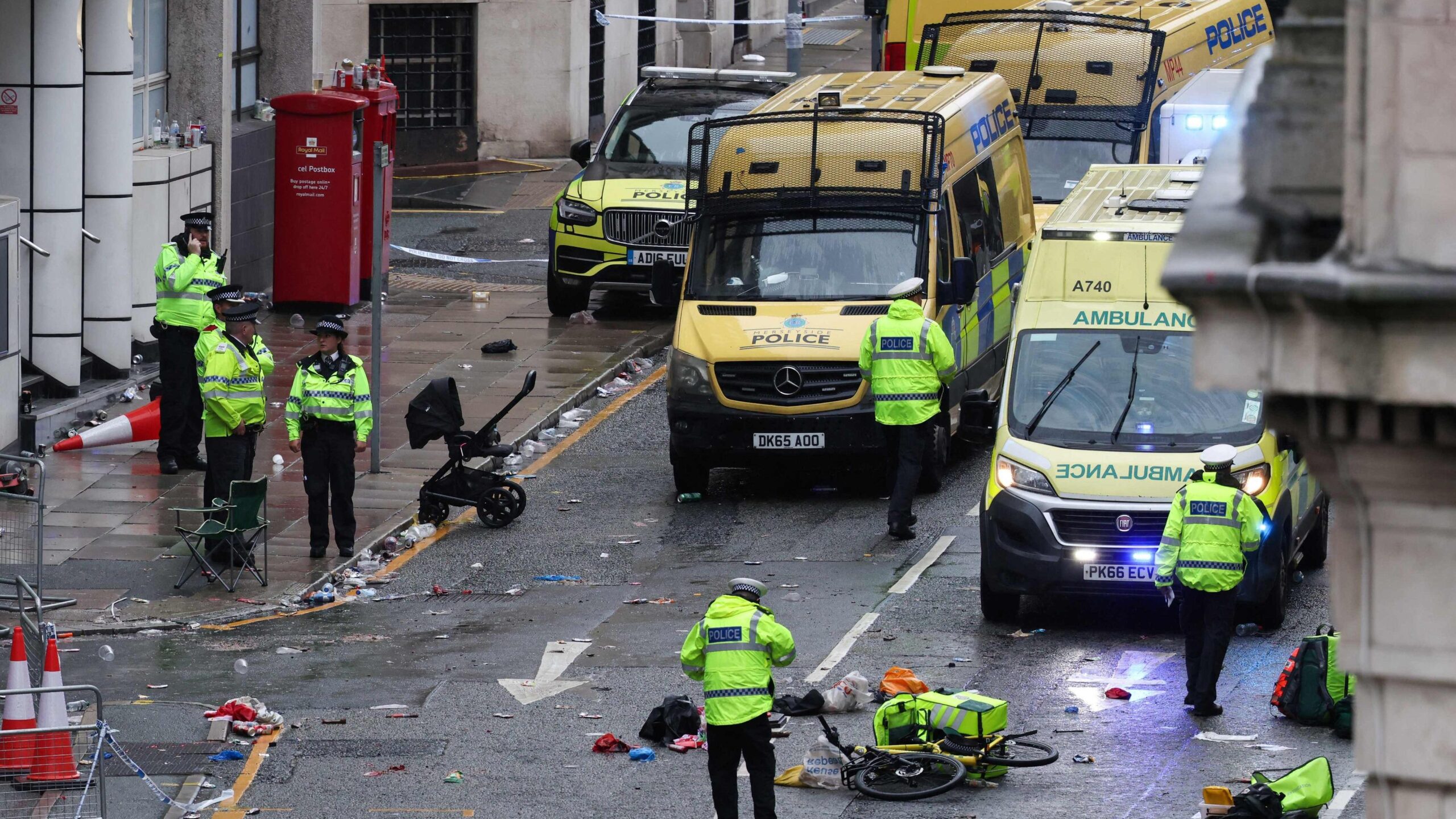 Intervención policial en la calle con ambulancias.