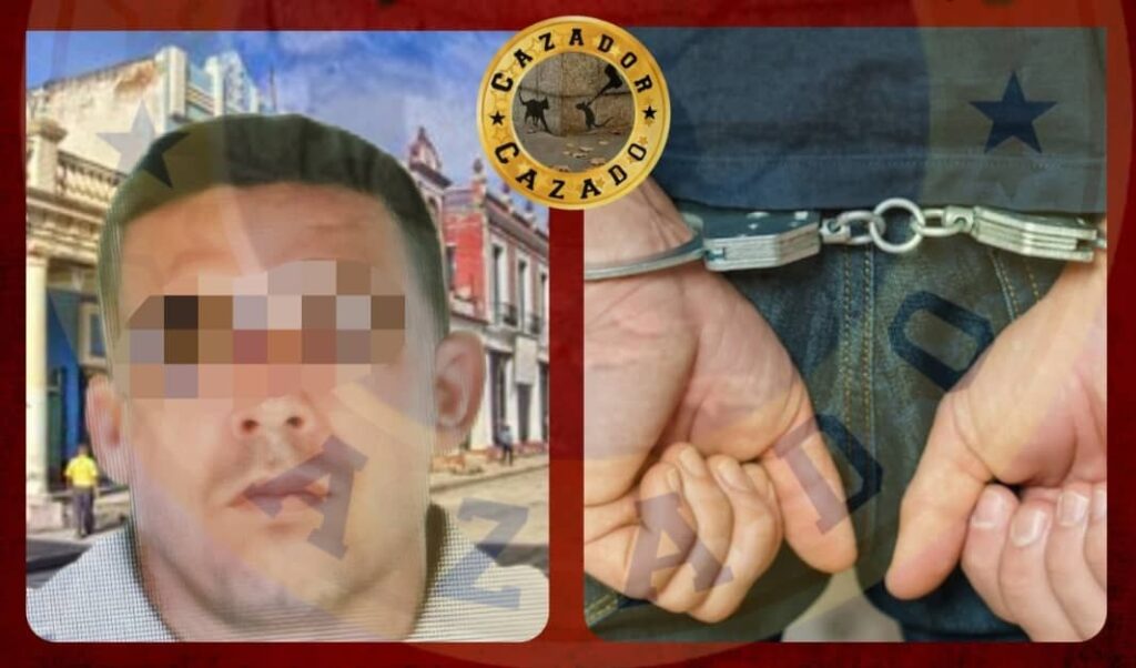 Rostro pixelado y manos esposadas con fondo urbano