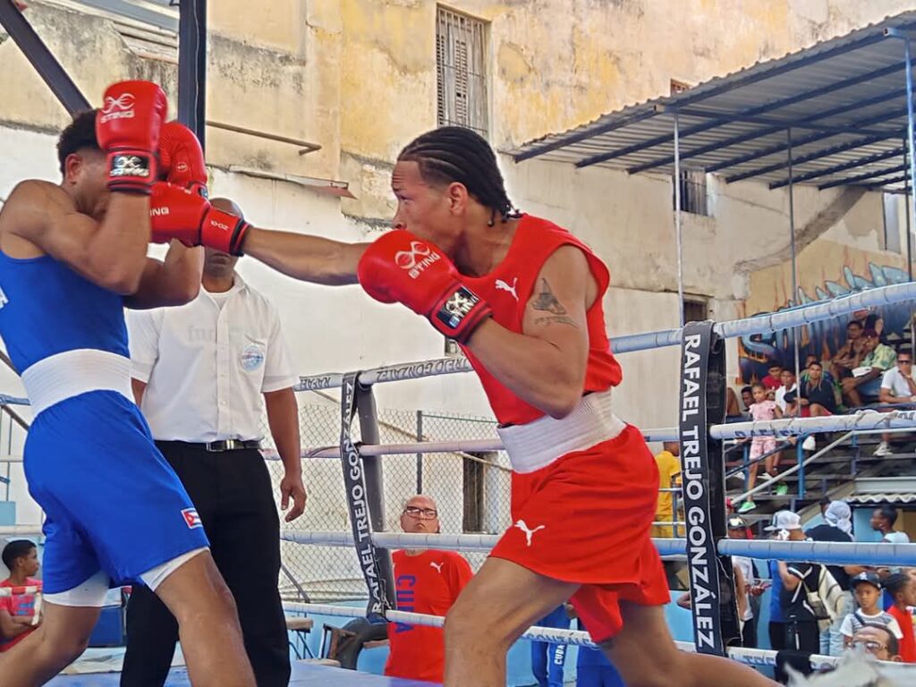 Boxeadores compitiendo en el ring, público observando.