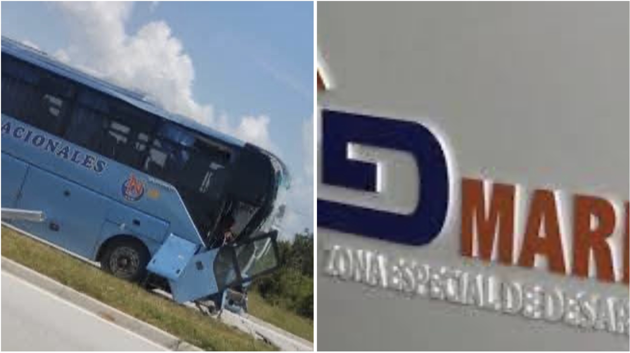 Autobús accidentado y letrero empresarial.