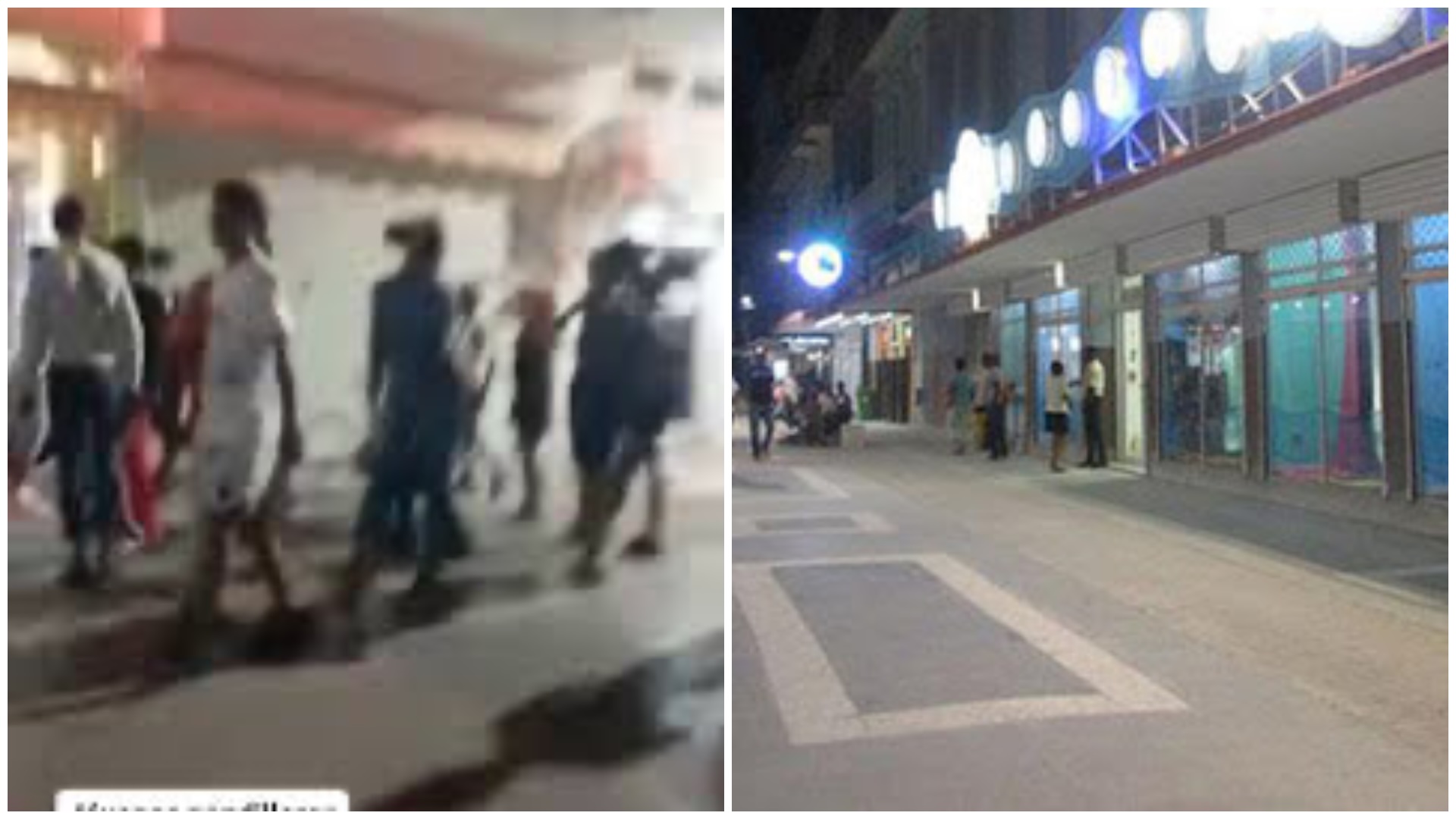 Personas caminando en una calle iluminada.