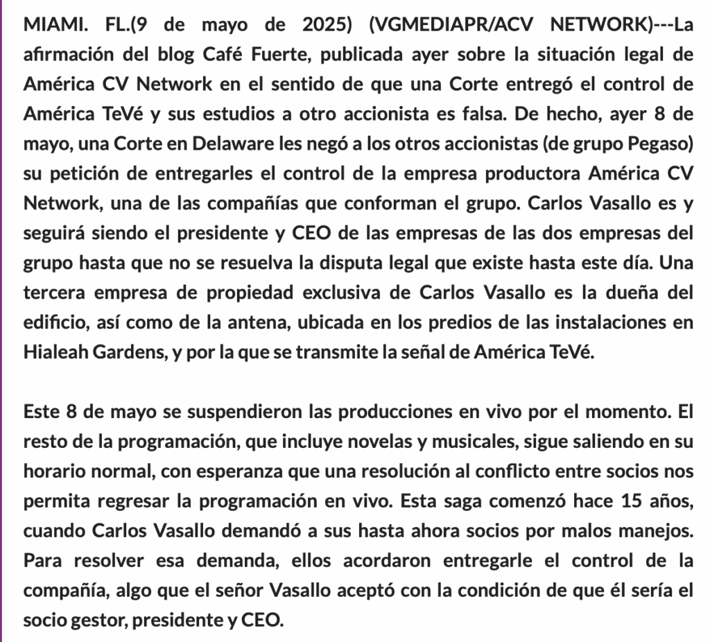 Texto sobre disputa legal en América CV Network.