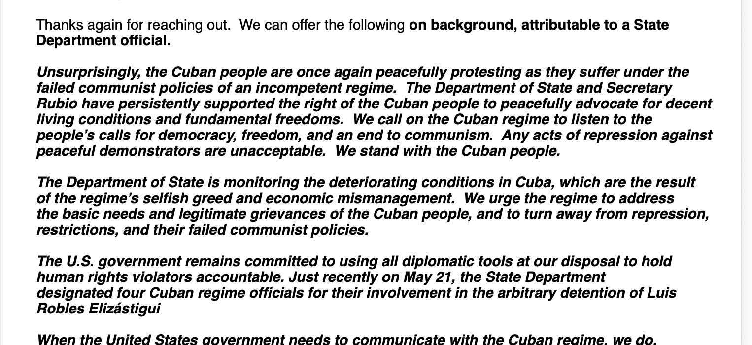 Declaración del Departamento de Estado sobre Cuba