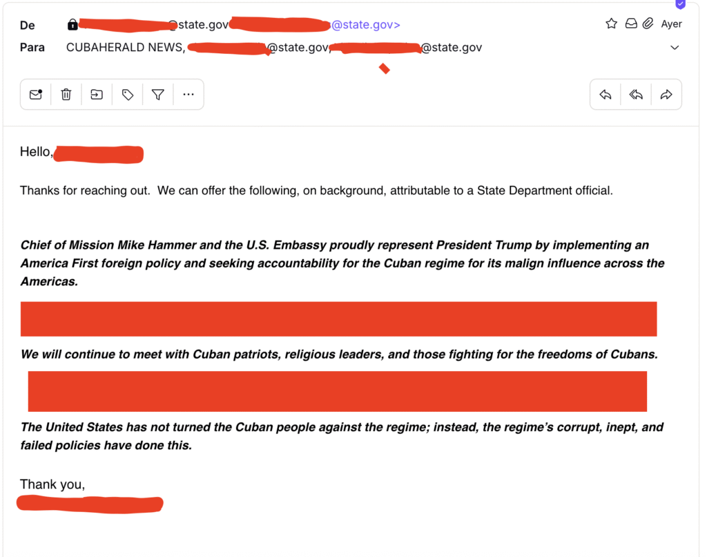 Correo sobre política exterior de EE.UU. y Cuba.