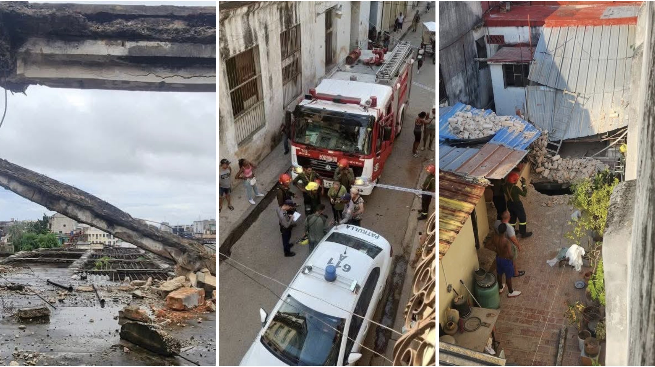 Derrumbe en edificio con bomberos y escombros visibles
