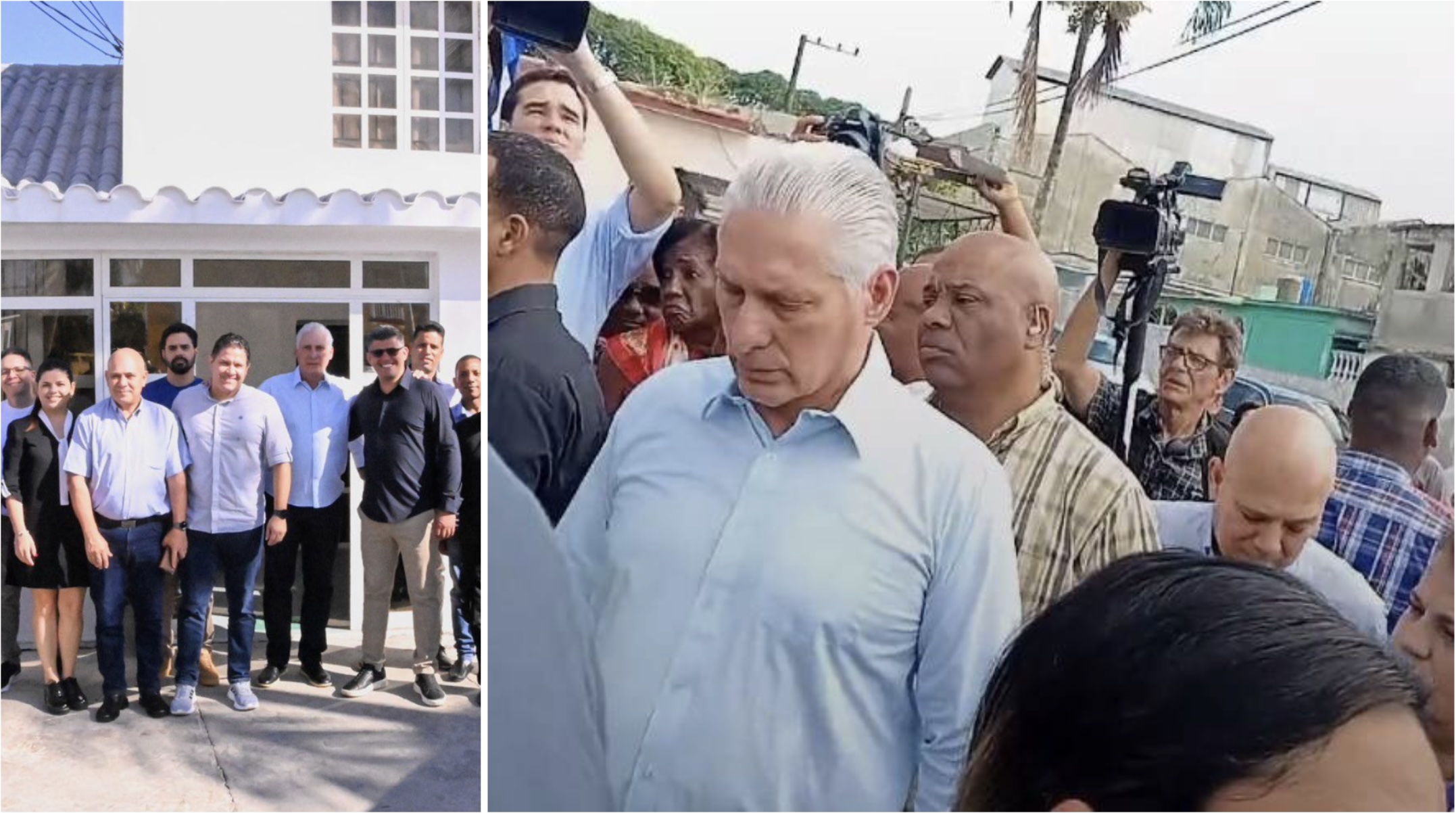 Grupo de personas frente al edificio blanco.