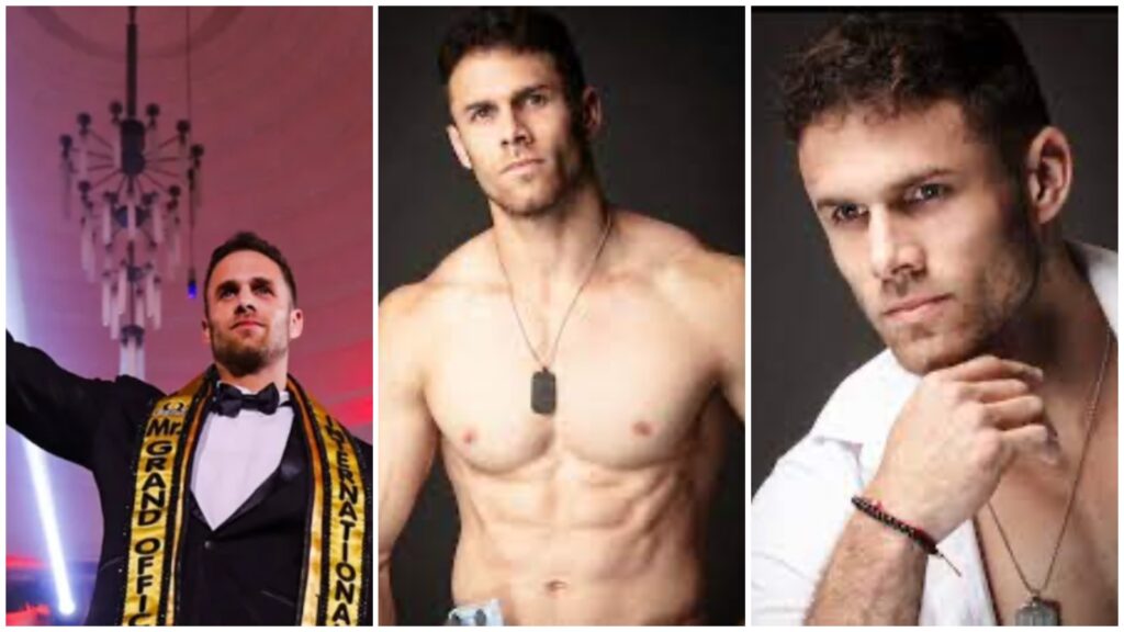 Hombre en traje, torso desnudo y pensando.