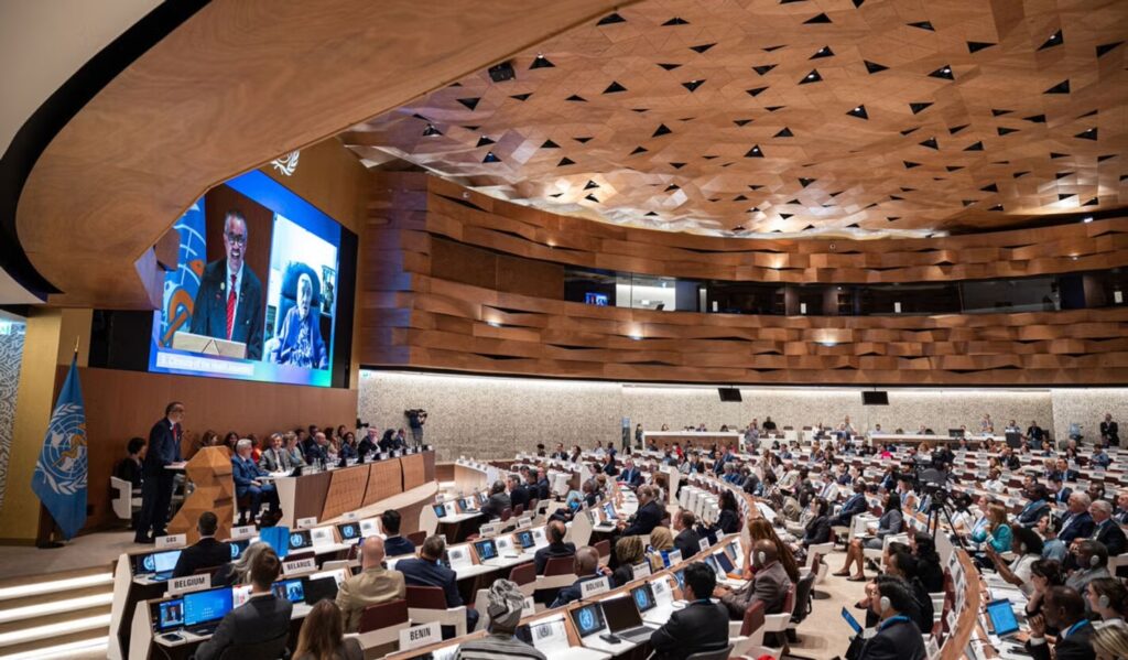 Conferencia de la ONU con panel y público presente.