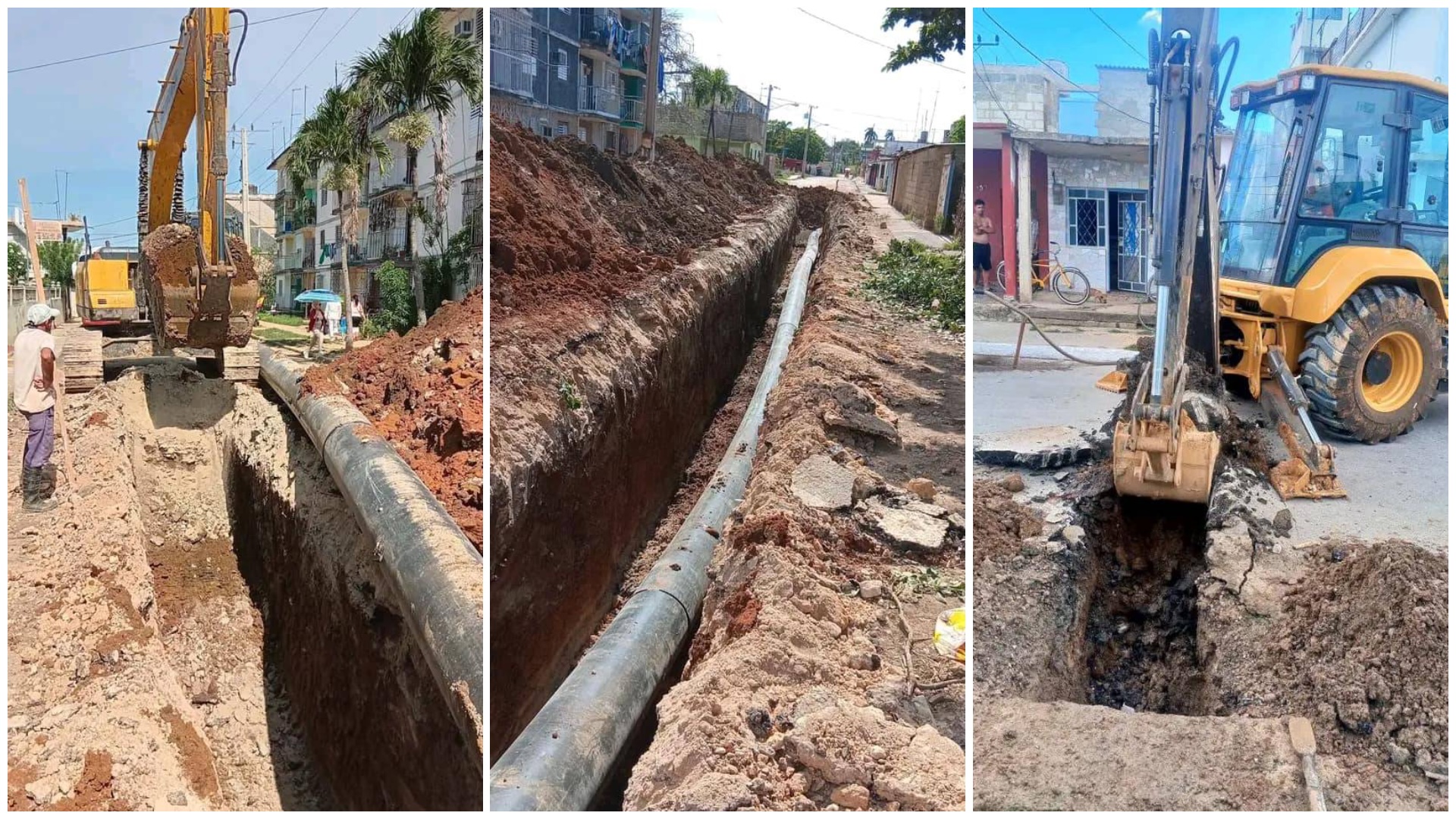 Excavadoras instalando tuberías subterráneas en la calle.