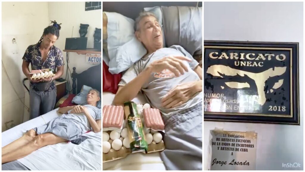 Hombre en cama recibiendo comida, premio en pared.