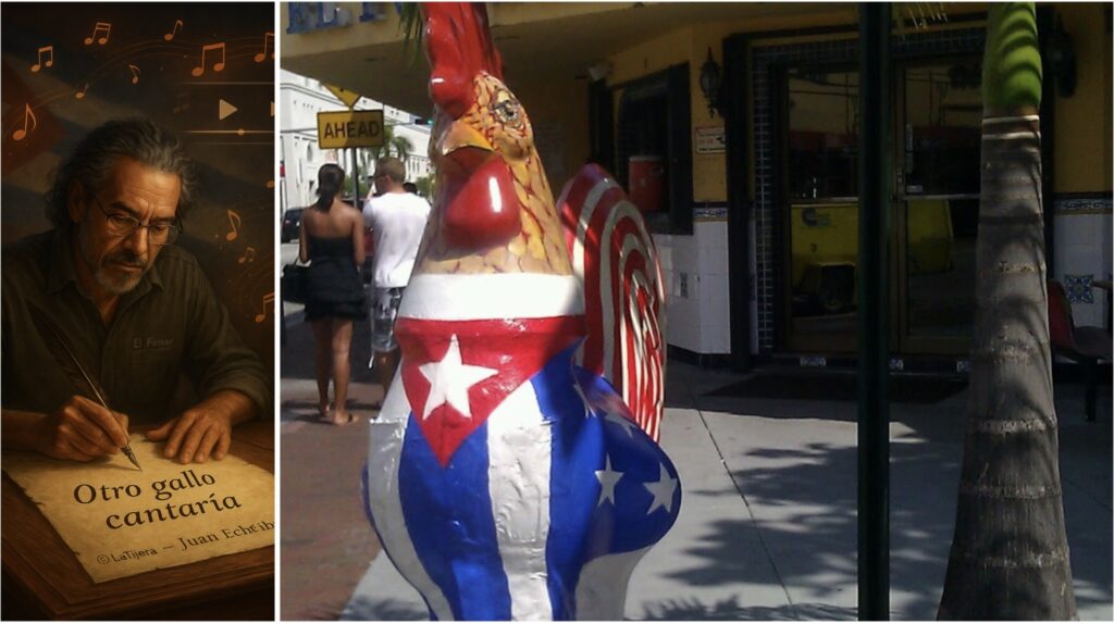 Hombre escribiendo, gallo decorado con banderas.