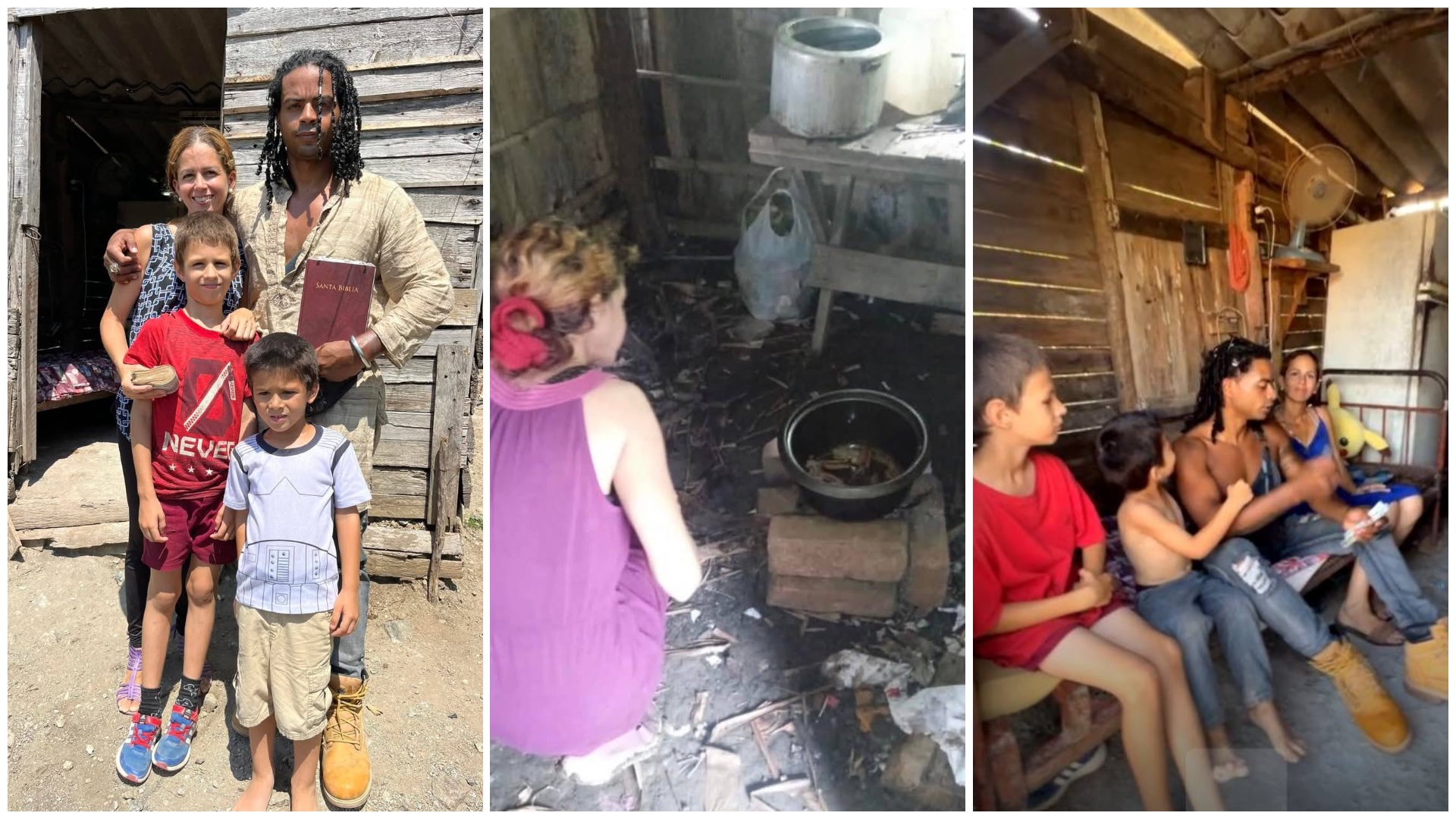 Familia frente a casa, mujer cocinando, familia en casa rústica.