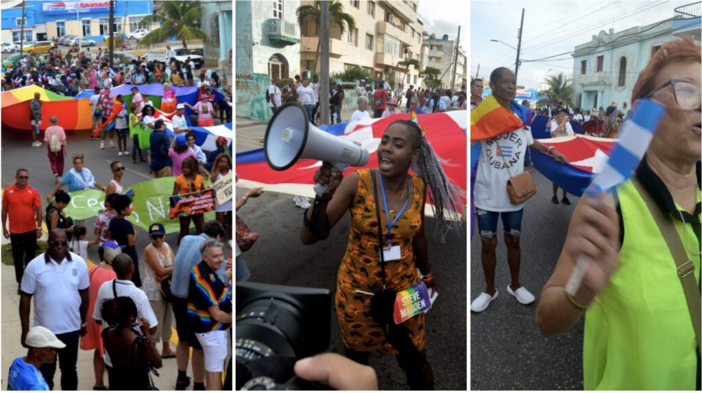 Marcha LGBT con banderas y megáfono en Cuba