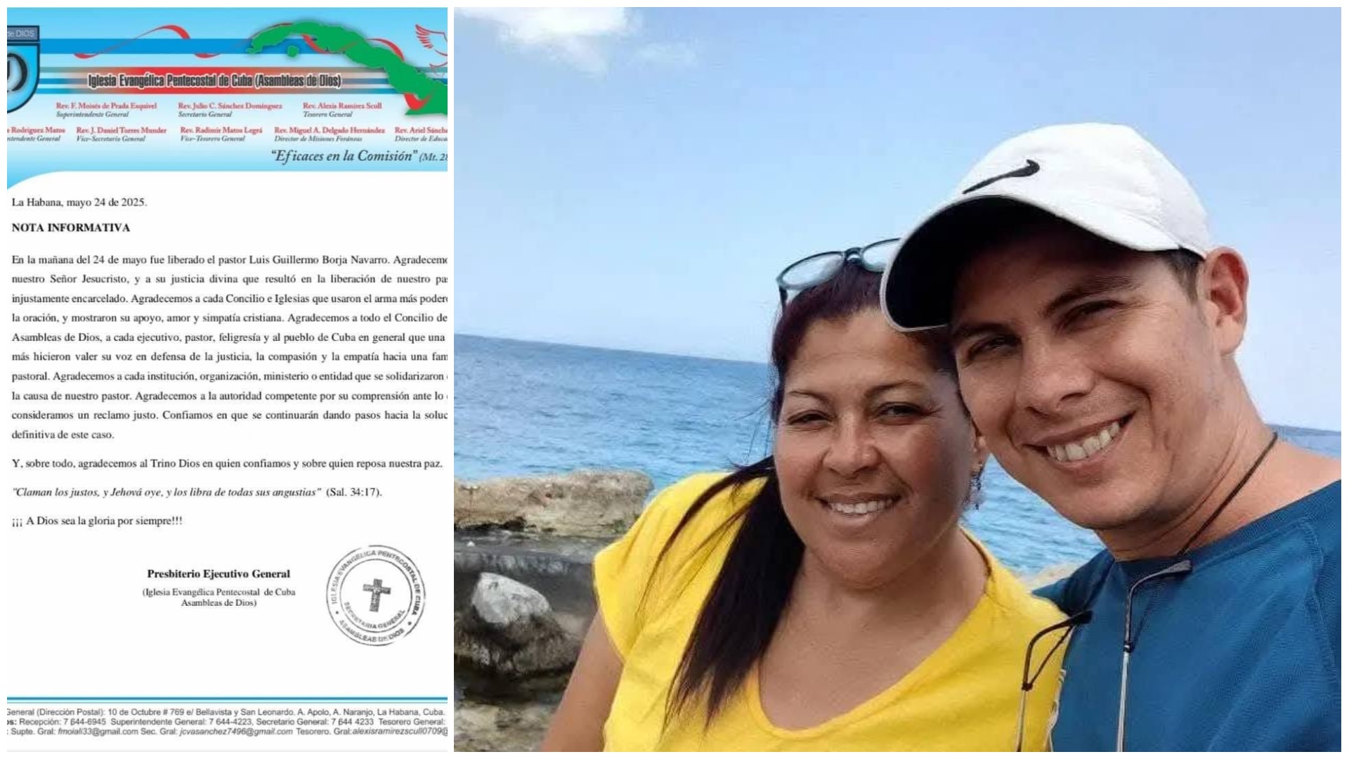 Nota informativa de iglesia y foto de dos personas.