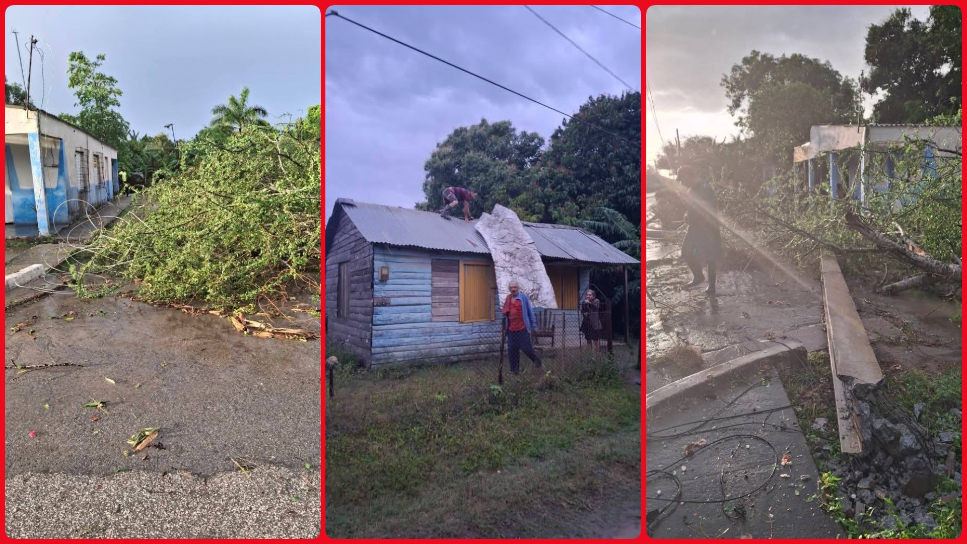 Daños por tormenta afectando calles y viviendas.