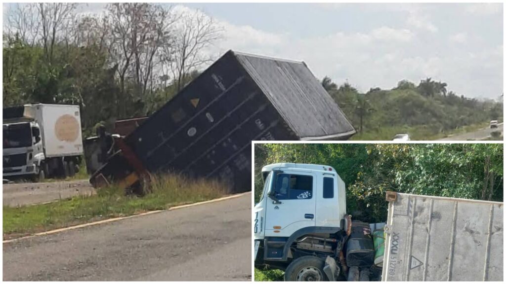 Camión volcado en carretera con contenedor.