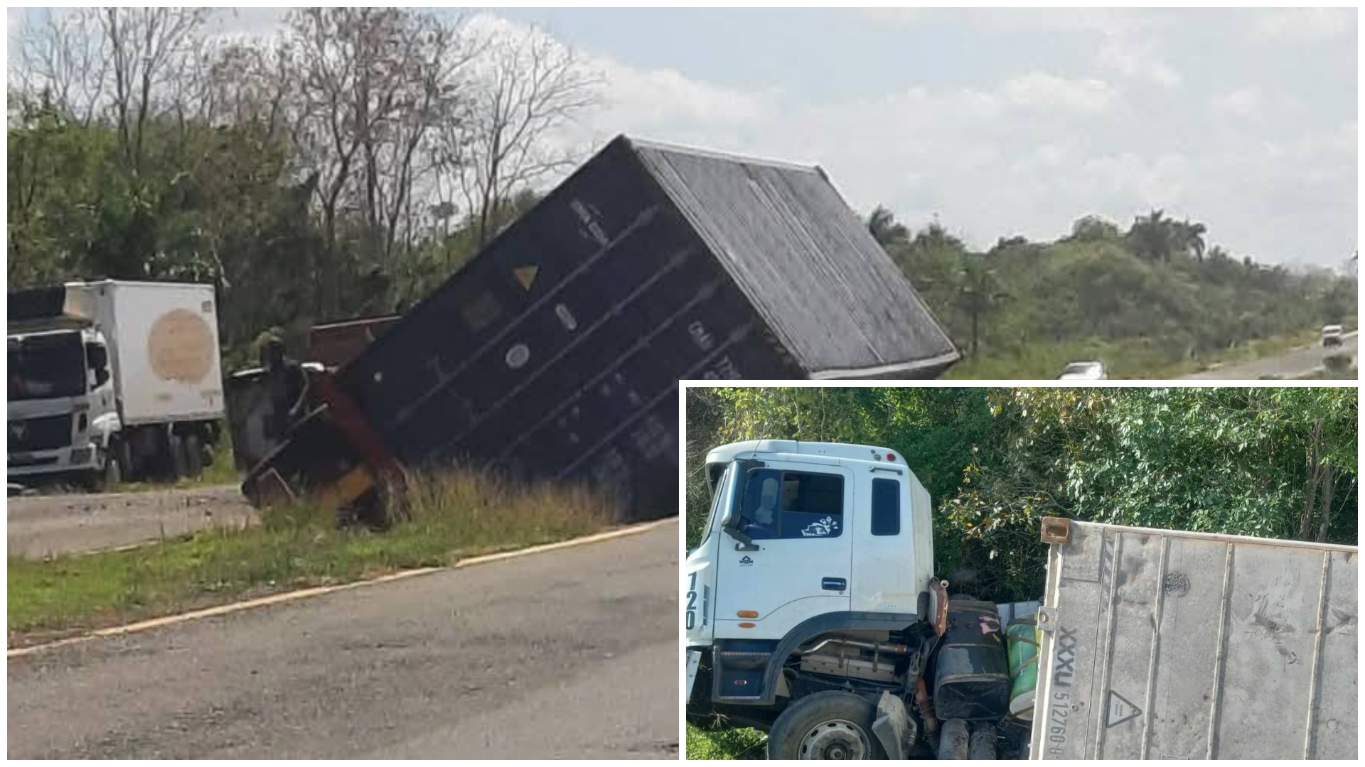Camión volcado en carretera con contenedor.