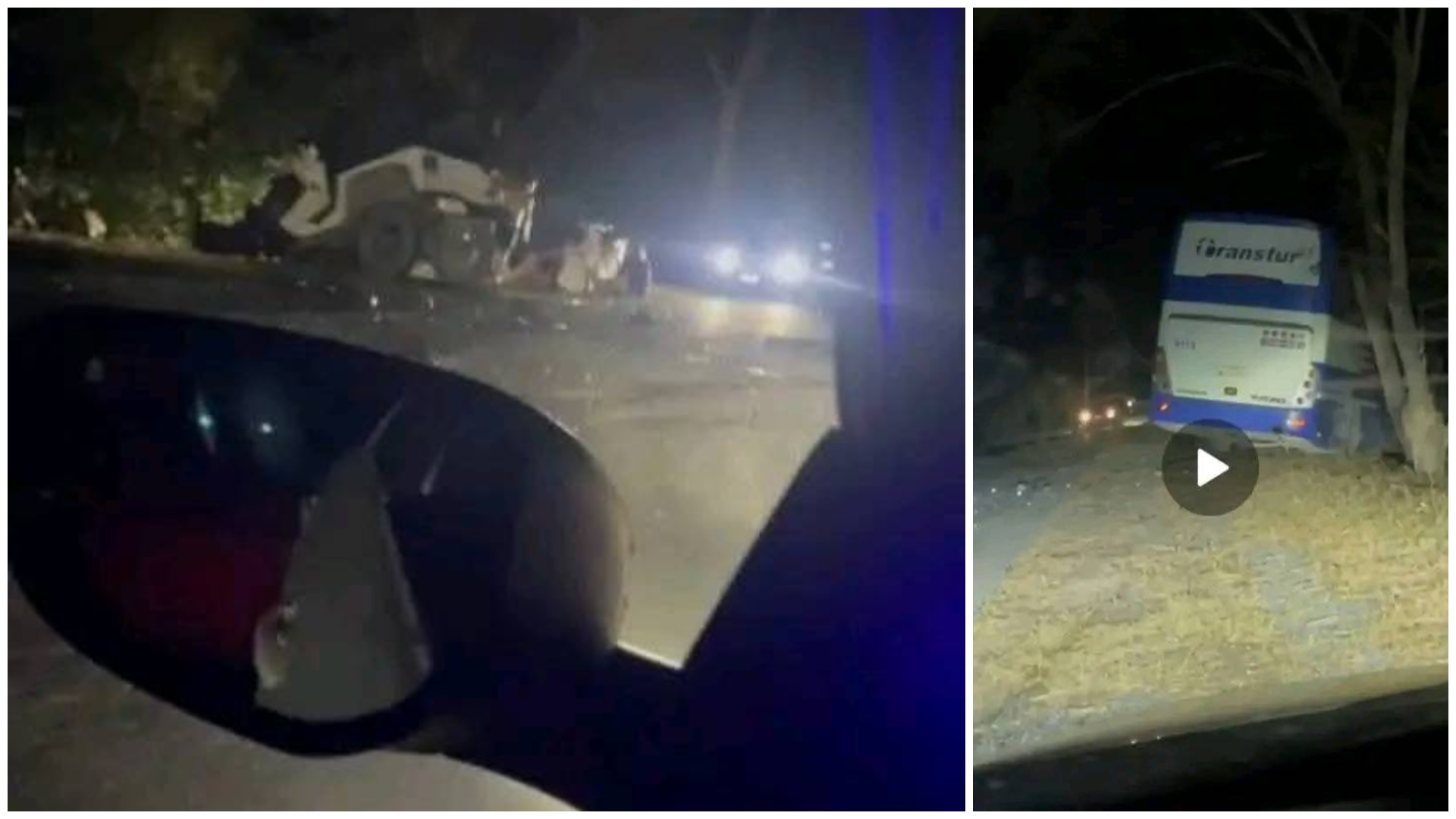 Accidente nocturno de autobús y vehículo en carretera.