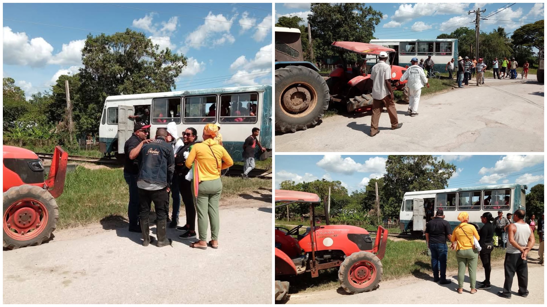Intersección con bus y tractor, personas reunidas afuera.