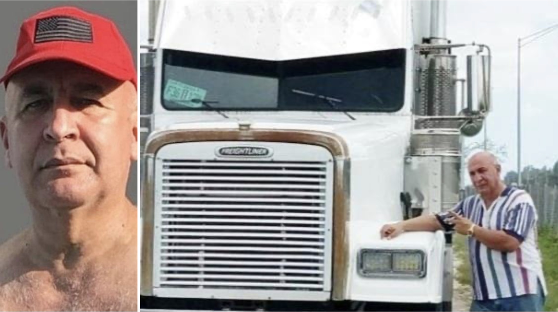 Hombre junto a camión Freightliner blanco en exterior.