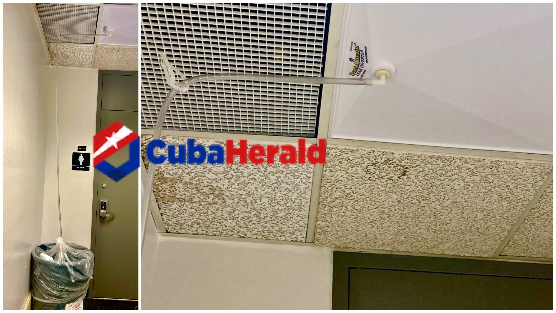 Tubería goteando en techo de baño público.