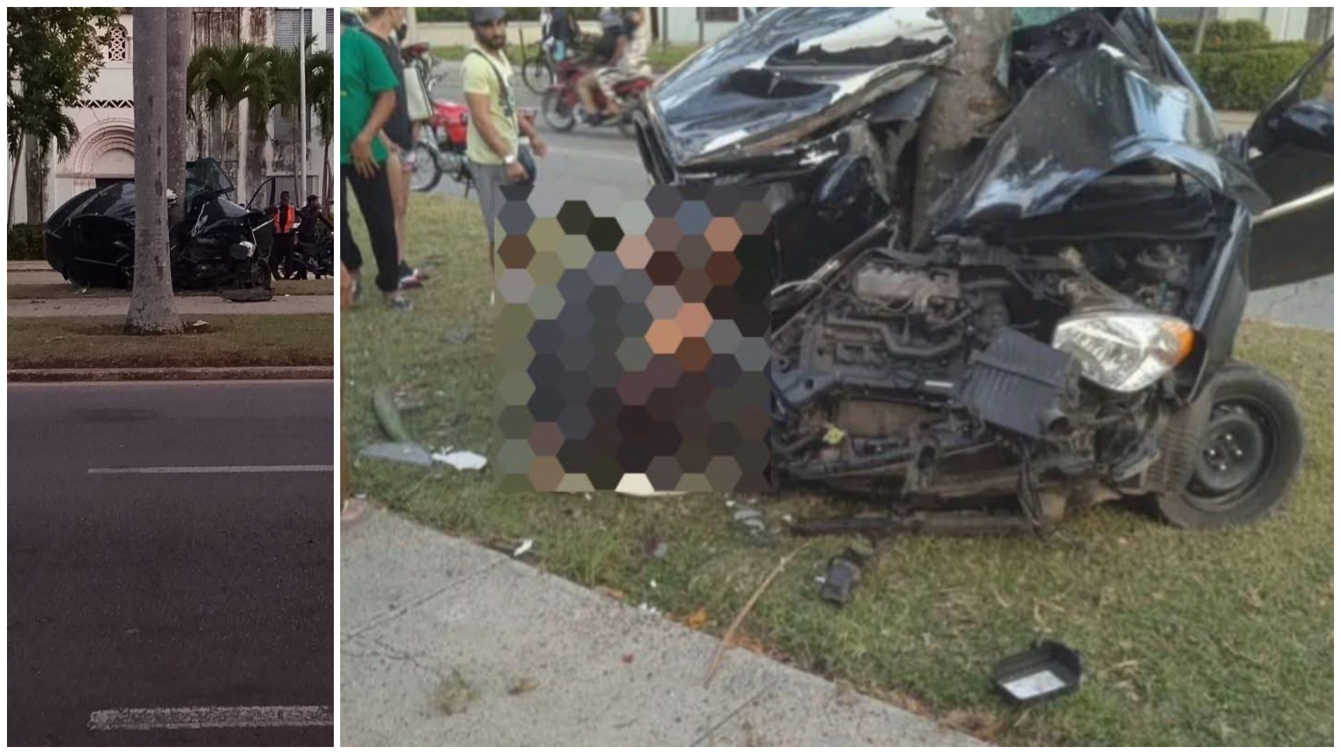 Coche negro chocado contra árbol en calle concurrida.