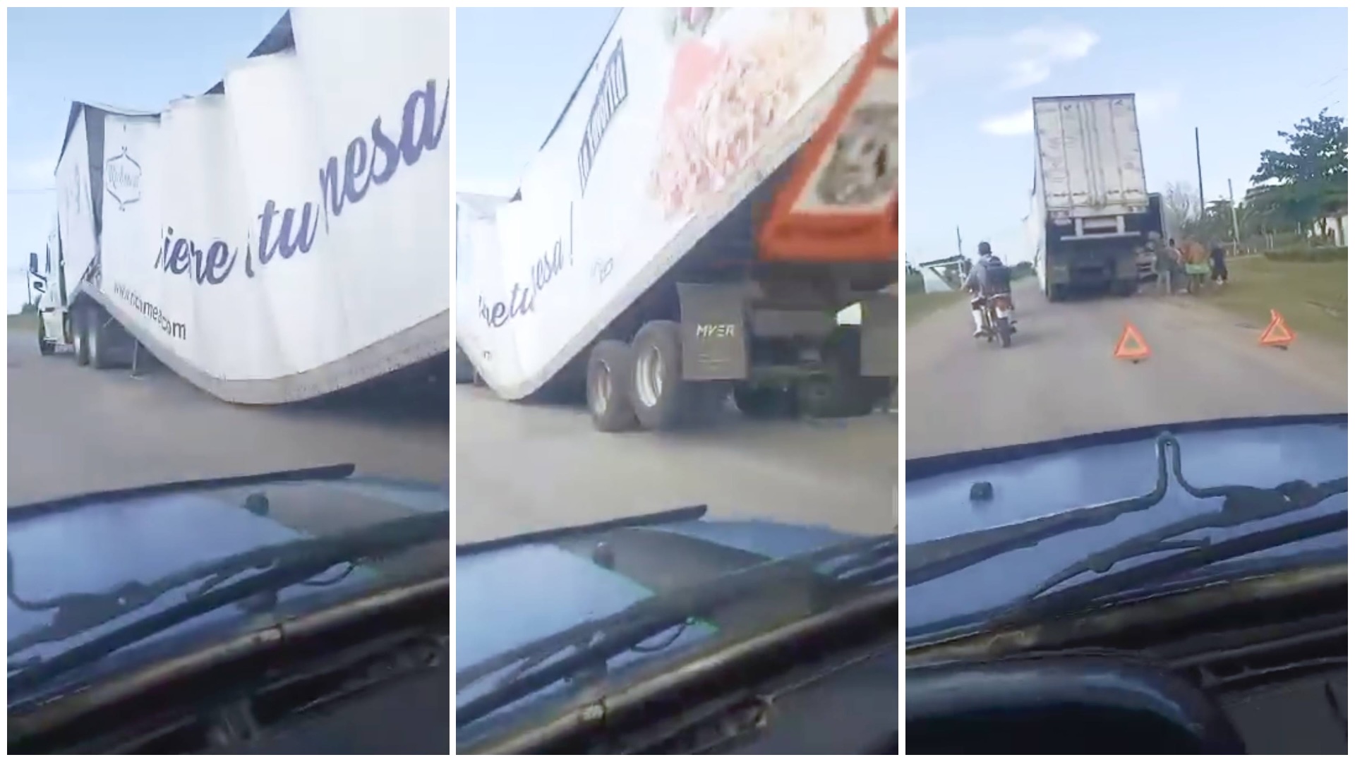 Camión con remolque inclinado en carretera