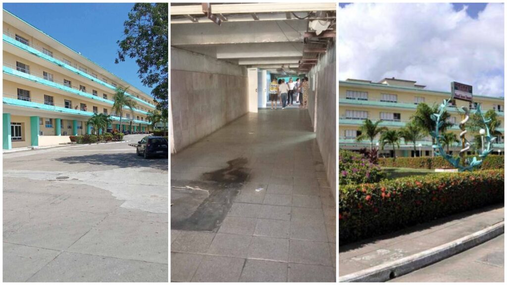 Edificios universitarios y pasillo subterráneo en campus.