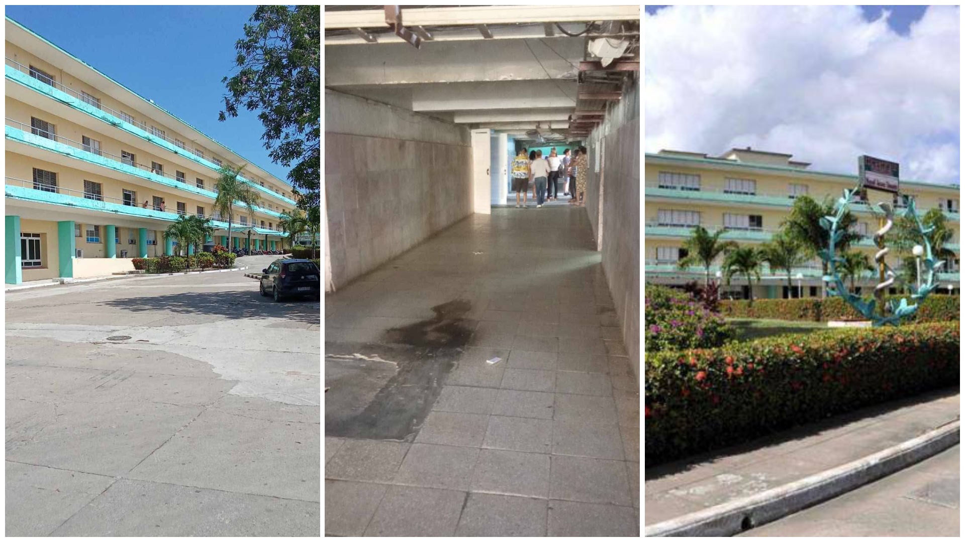 Edificios universitarios y pasillo subterráneo en campus.