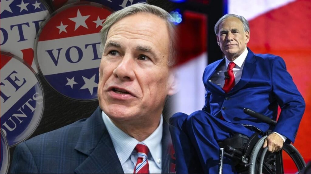 Político en silla de ruedas con fondo patriótico.