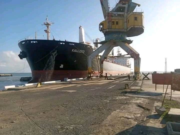 Barco carguero atracado en puerto con grúa