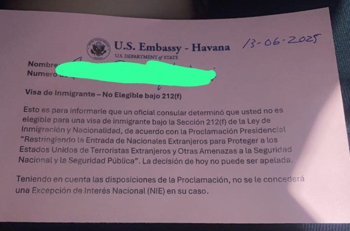 Documento visa inmigrante no elegible, Embajada EE.UU. Habana