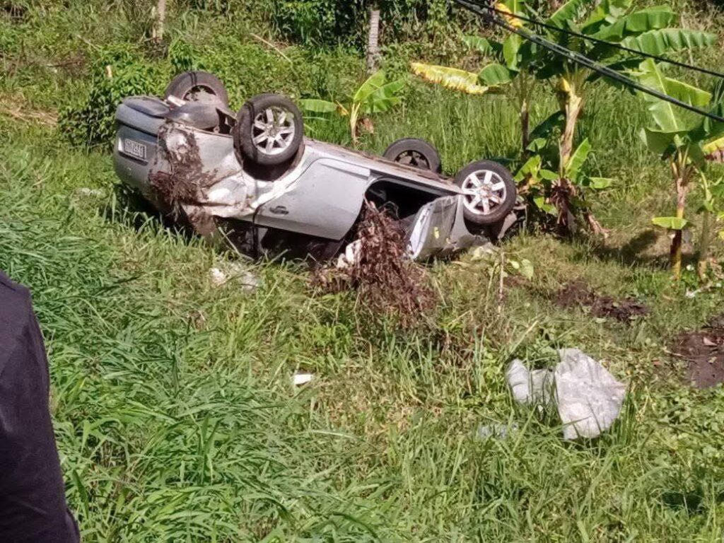 Coche volcado en hierba al lado de plataneras.