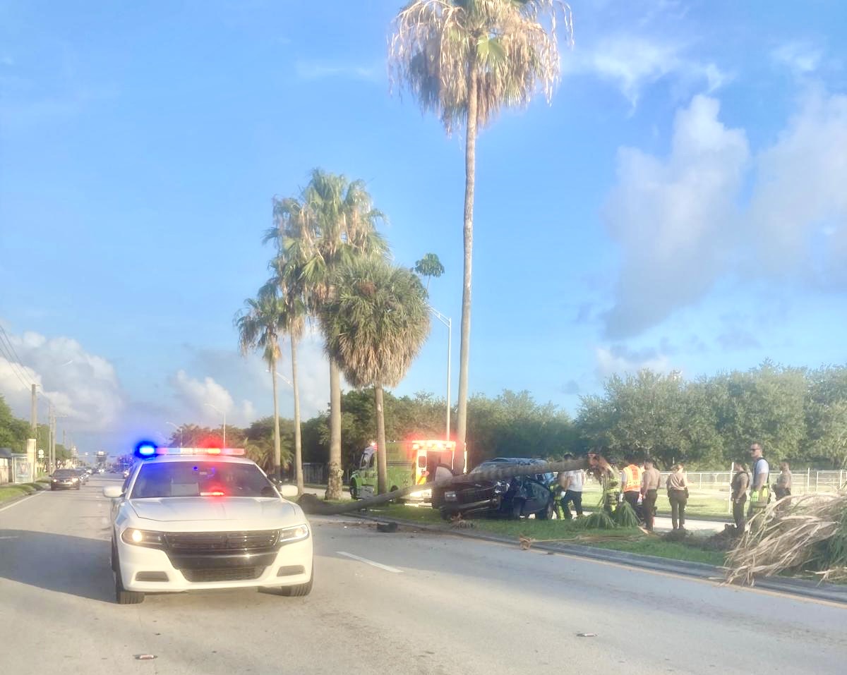 Accidente de tráfico con presencia policial y ambulancia.
