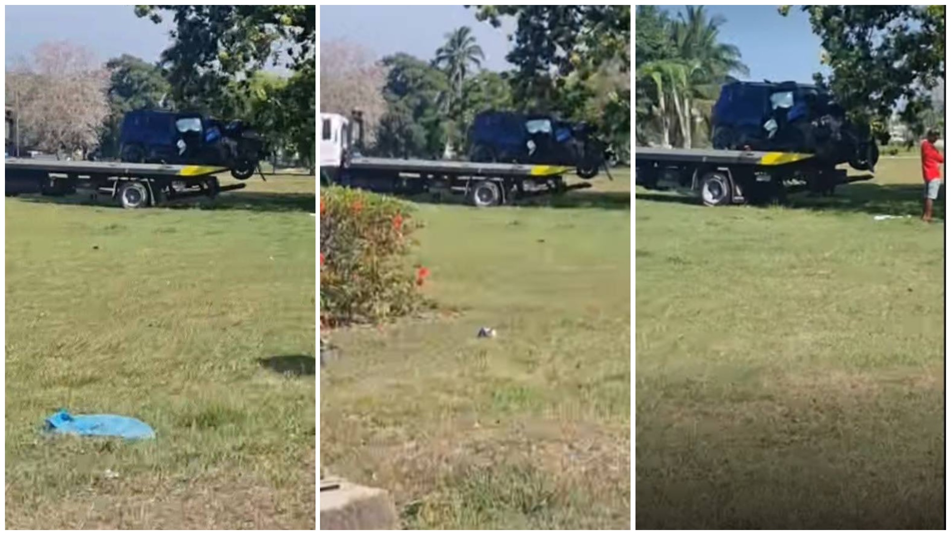 Coche azul en grúa, campo de hierba.