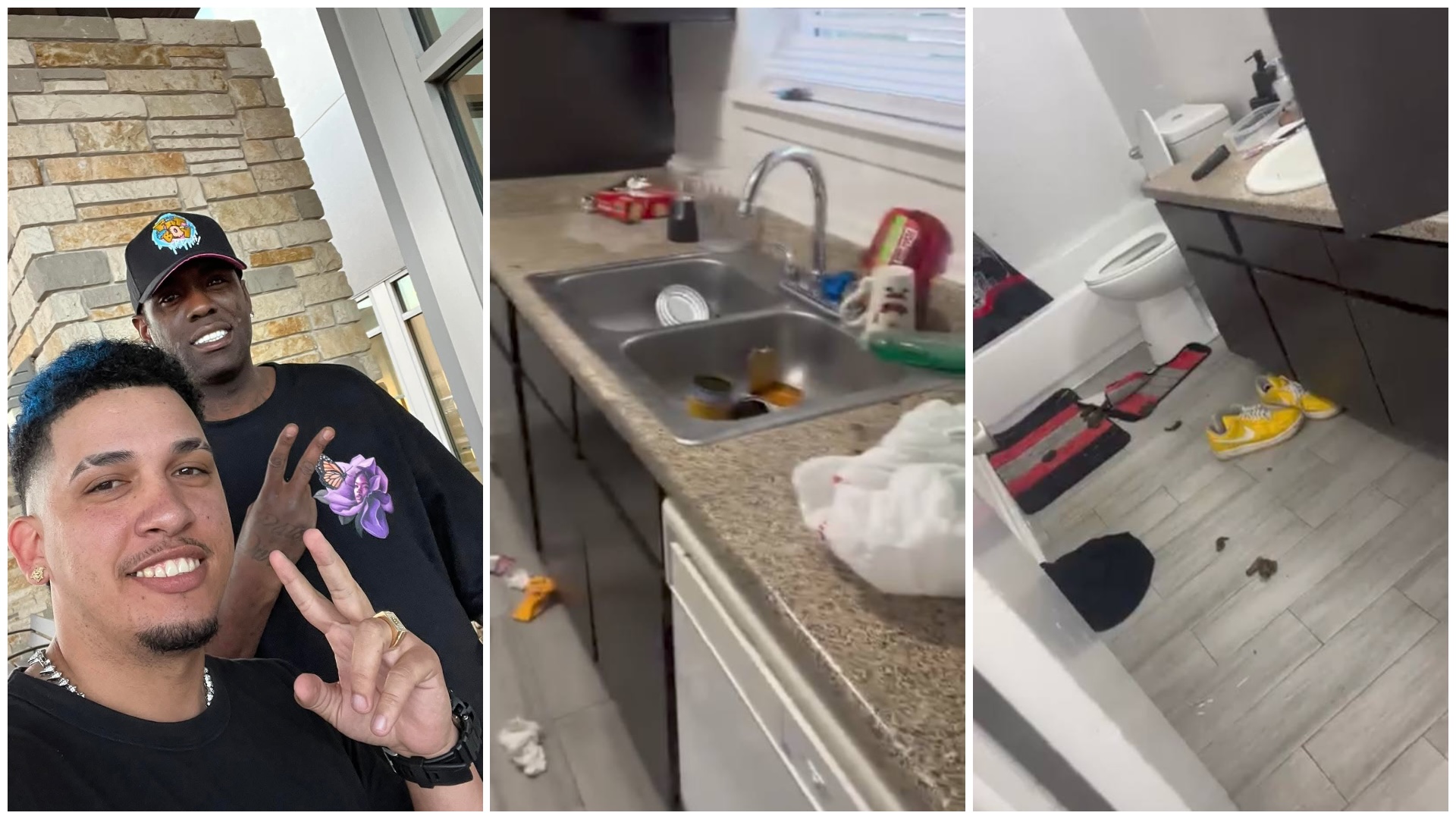 Personas afuera, cocina y baño desordenados.