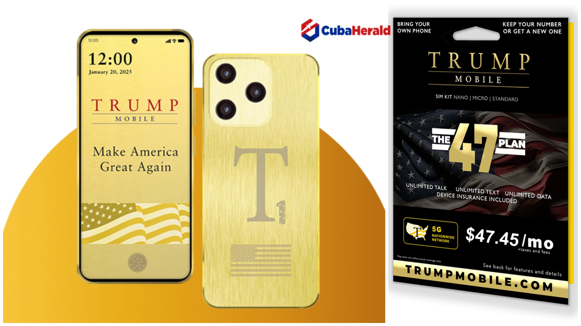Teléfono Trump Mobile dorado y paquete SIM.