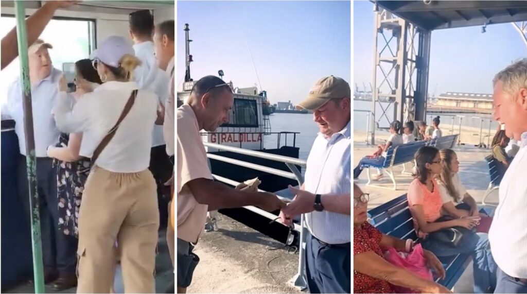 Pasajeros esperando en puerto, encuentro y conversación.