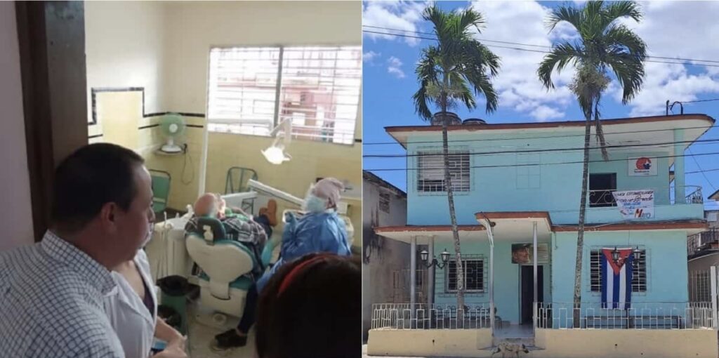 Clínica dental y edificio con bandera cubana