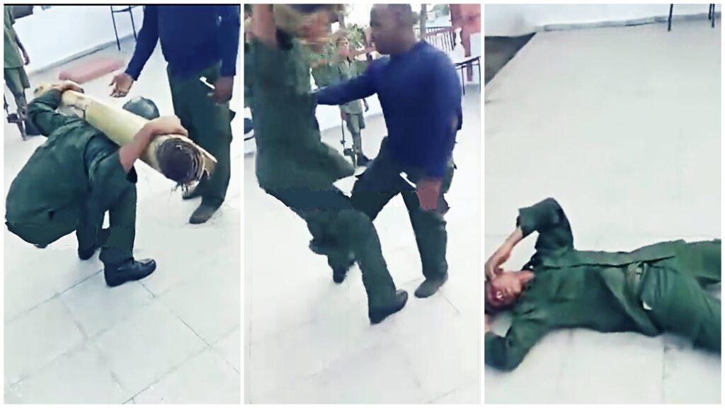 Entrenamiento militar con tronco y caída al suelo.