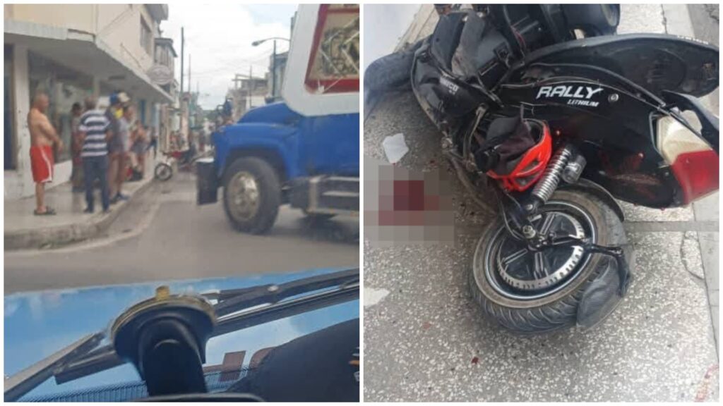 Accidente de tráfico entre moto y camión en calle.